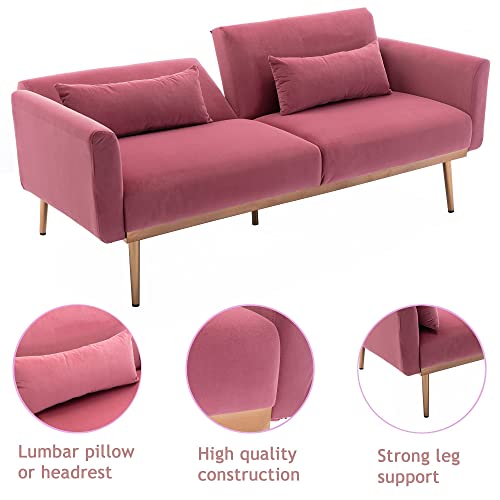 LoLado Velvet Futon Sofa Bed, Modern Tufted Convertible Sleeper Sofa with 2 Throw Pillow, Adjustable Loveseat, Accent Couch for Living Room, Bedroom, Bonus Room (Pink)