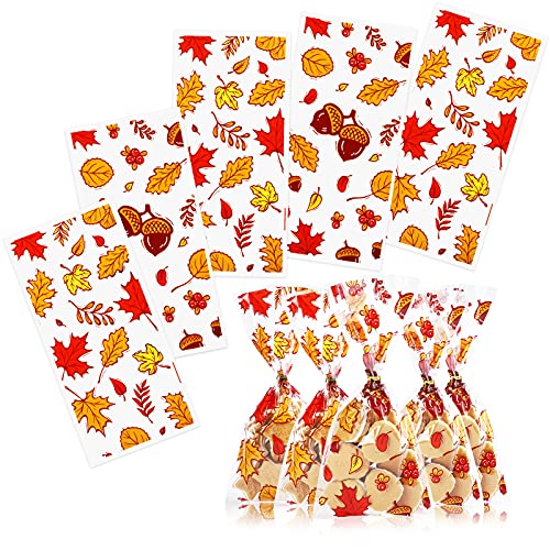 Kesote 100 Pieces Fall Thanksgiving Cellophane Treat Bags, Clear Pumpkin Maple Leaf Goodie Candy Treat Bags Bulk with Twist Ties for Thanksgiving Autumn Fall Party Favor Supplies