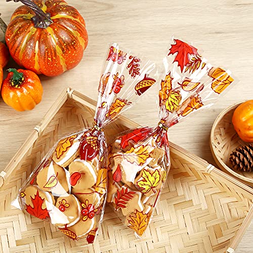 Kesote 100 Pieces Fall Thanksgiving Cellophane Treat Bags, Clear Pumpkin Maple Leaf Goodie Candy Treat Bags Bulk with Twist Ties for Thanksgiving Autumn Fall Party Favor Supplies