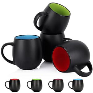vivimee 4 pack ceramic coffee mug sets, 20 ounce large coffee mugs, black coffee mug, restaurant coffee cups for coffee, tea, cappuccino, cocoa, cereal, black outside and colorful inside
