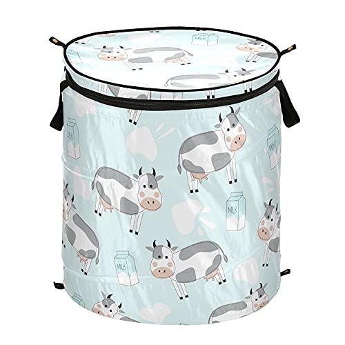 Cows Milk Pop Up Laundry Hamper with Lid Foldable Storage Basket Collapsible Laundry Bag for Camping Picnics Bathroom