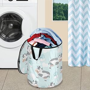 Cows Milk Pop Up Laundry Hamper with Lid Foldable Storage Basket Collapsible Laundry Bag for Camping Picnics Bathroom