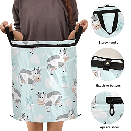 Cows Milk Pop Up Laundry Hamper with Lid Foldable Storage Basket Collapsible Laundry Bag for Camping Picnics Bathroom