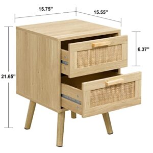Finnhomy Nightstand, End Table, Side Table with 2 Hand Made Rattan Decorated Drawers, Nightstands Set of 2, Wood Accent Table with Storage for Bedroom, Natural, 2 Pack