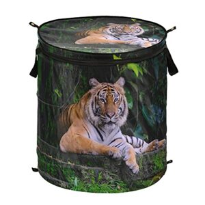 tiger animal green pop up laundry hamper with lid foldable storage basket collapsible laundry bag for travel hotel kids room