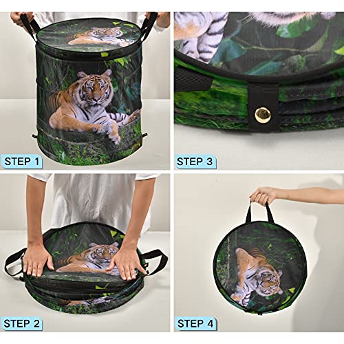 Tiger Animal Green Pop Up Laundry Hamper with Lid Foldable Storage Basket Collapsible Laundry Bag for Travel Hotel kids Room