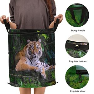 Tiger Animal Green Pop Up Laundry Hamper with Lid Foldable Storage Basket Collapsible Laundry Bag for Travel Hotel kids Room