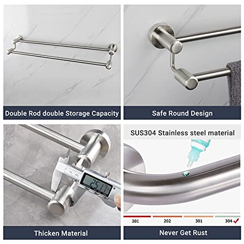 TocTen Double Bath Towel Bar - Thicken SUS304 Stainless Steel Towel Rack for Bathroom, Bathroom Accessories Double Towel Rod Heavy Duty Wall Mounted Towel Holder (Brushed,24IN)