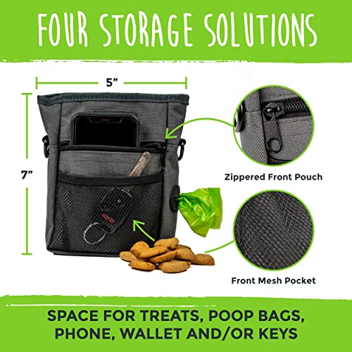 Mighty Paw Dog Treat Pouch 2.0 | Pet Training Hands-Free Snack Bag w/Strap. Holds 2 Cups Kibble, Poop Bags, Phone & Keys. Magnetic Clasp & Waist Belt Clip. Includes 1 Roll of Poop Bags (Green/Grey)