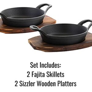 Bruntmor Mini Cast Iron Sizzler Plates Skillet Set Of 4. Round Fajita Plate With Wooden Base/Pan Tray Serving Sizzling Dish And Fajitas, Hot Steak Skillet Dish Without Sinking (2 Sets)