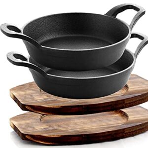 Bruntmor Mini Cast Iron Sizzler Plates Skillet Set Of 4. Round Fajita Plate With Wooden Base/Pan Tray Serving Sizzling Dish And Fajitas, Hot Steak Skillet Dish Without Sinking (2 Sets)