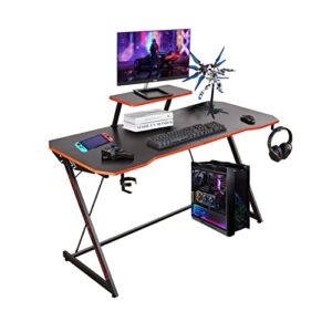 excited work gaming desk 55 inch pc computer desk, home office desk gaming table z shaped gamer workstation with cup holder and headphone hook llgd02c