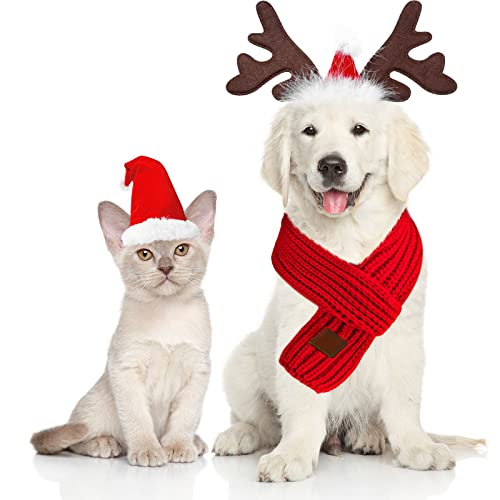 3 Pieces Christmas Pet Costume Dog Santa Hat Scarf Set Christmas Reindeer Antlers Dog Headband Dog Elk Hat Headwear Xmas Pet Knitted Scarf for Cute Dog Puppy Cat Christmas Outfit Accessories