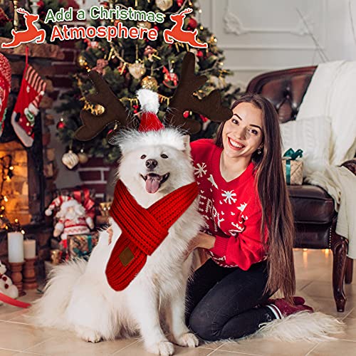 3 Pieces Christmas Pet Costume Dog Santa Hat Scarf Set Christmas Reindeer Antlers Dog Headband Dog Elk Hat Headwear Xmas Pet Knitted Scarf for Cute Dog Puppy Cat Christmas Outfit Accessories