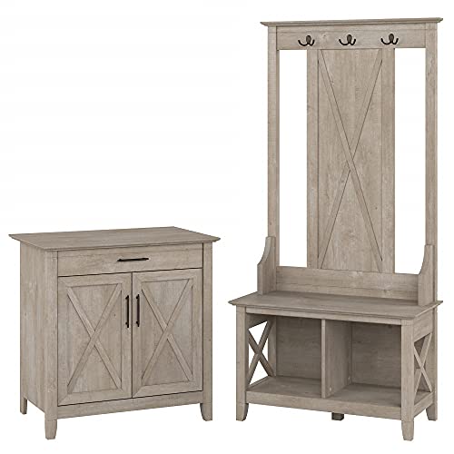 Bush Furniture Key West Entryway Storage Set with Hall Tree, Shoe Bench and Armoire Cabinet, Washed Gray