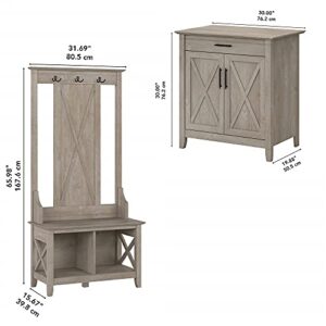 Bush Furniture Key West Entryway Storage Set with Hall Tree, Shoe Bench and Armoire Cabinet, Washed Gray