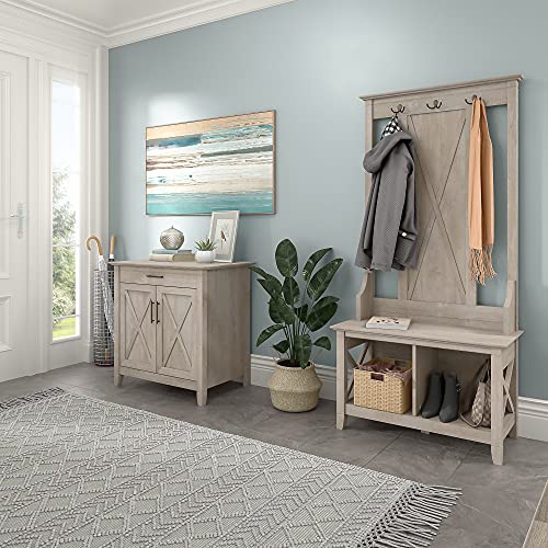 Bush Furniture Key West Entryway Storage Set with Hall Tree, Shoe Bench and Armoire Cabinet, Washed Gray