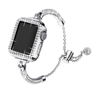 Secbolt Bling Bands Compatible with Apple Watch Band 40mm with Case, Women Dressy Metal Bracelet with Rhinestone Bumper for iWatch SE Series 6/5/4, Silver