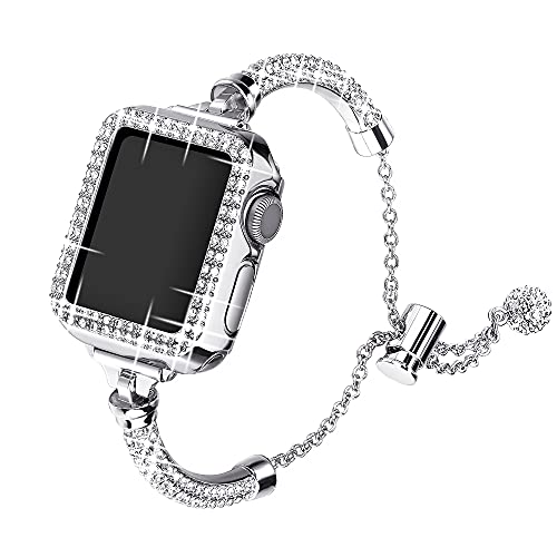 Secbolt Bling Bands Compatible with Apple Watch Band 40mm with Case, Women Dressy Metal Bracelet with Rhinestone Bumper for iWatch SE Series 6/5/4, Silver