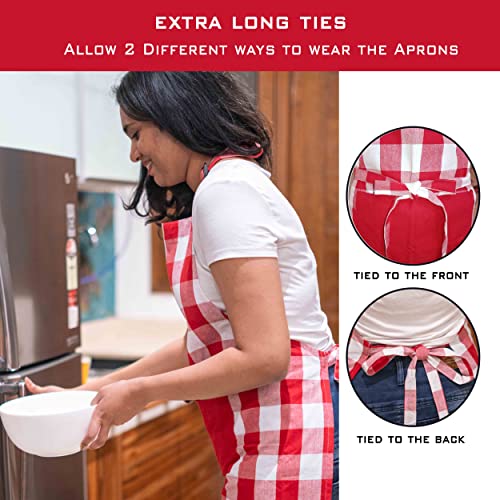 WHITEWRAP Bib Apron with 2 pockets | 2-Pack | 35”x28” with Adjustable Neck | Red and White Checked | Unisex Apron Long Ties | Commercial Apron for Cooking, Chef and Restaurant| Kitchen BBQ Painting