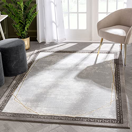 Well Woven FAE Grey & Gold Greek Key Marble Border Pattern Area Rug (5'3" x 7'3")