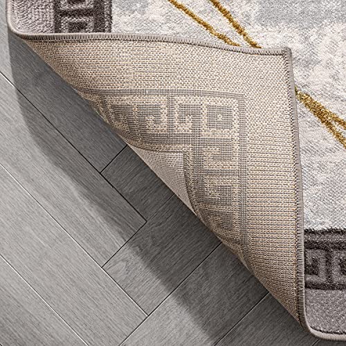 Well Woven FAE Grey & Gold Greek Key Marble Border Pattern Area Rug (5'3" x 7'3")