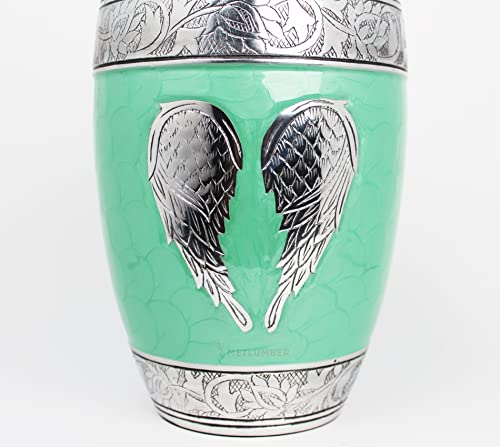 Wood Carving International Angel Wings Urns for Ashes - Decorative Human Adult- Burial cremated remains Funeral Urn Cremation Adult Male & Female with Velvet Bag (Green), Large