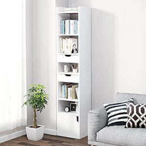 xm&lz white narrow bookcase,tall bookshelf with doors and drawers bedroom storage cabinets book shelves for small spaces display rack organizer-white 13×10×71inch