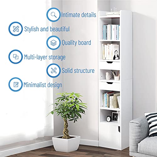 XM&LZ White Narrow Bookcase,Tall Bookshelf with Doors and Drawers Bedroom Storage Cabinets Book Shelves for Small Spaces Display Rack Organizer-White 13×10×71inch