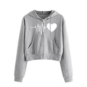 wabtum hoodies for teen girls,womens casual heartbeat print long sleeve zipper pocket shirt cat hooded sweatshirt tops