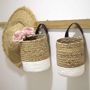 Goosacyon 2 Pack Seagrass Woven Hanging Basket Woven Wall Basket with Handle Rope Storage Basket Wicker Baskets for Plants Flower Clothes Home Decor