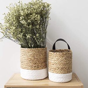 Goosacyon 2 Pack Seagrass Woven Hanging Basket Woven Wall Basket with Handle Rope Storage Basket Wicker Baskets for Plants Flower Clothes Home Decor