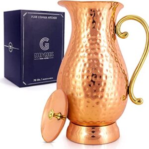 G GOODYGOODS Hammered Copper Water Pitcher, 70 fl oz. Handmade Hammered Copper Water Jug W/ Lid For Drinking & Homestyle Unique Gifts, 100% Heavy Duty Copper, No Inner Liner, Ayurveda Health Benefits.