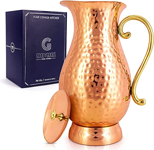 G GOODYGOODS Hammered Copper Water Pitcher, 70 fl oz. Handmade Hammered Copper Water Jug W/ Lid For Drinking & Homestyle Unique Gifts, 100% Heavy Duty Copper, No Inner Liner, Ayurveda Health Benefits.