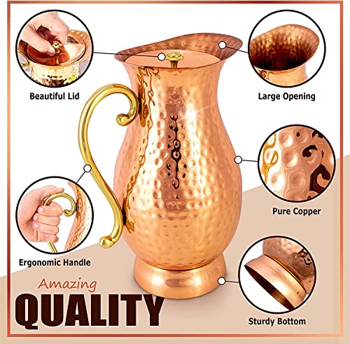 G GOODYGOODS Hammered Copper Water Pitcher, 70 fl oz. Handmade Hammered Copper Water Jug W/ Lid For Drinking & Homestyle Unique Gifts, 100% Heavy Duty Copper, No Inner Liner, Ayurveda Health Benefits.