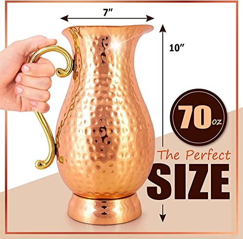 G GOODYGOODS Hammered Copper Water Pitcher, 70 fl oz. Handmade Hammered Copper Water Jug W/ Lid For Drinking & Homestyle Unique Gifts, 100% Heavy Duty Copper, No Inner Liner, Ayurveda Health Benefits.