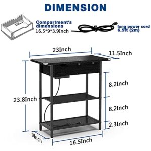 SAUCE ZHAN Sofa Side Table with USB Ports and Outlets, Narrow End Table with Storage Shelf for Small Spaces Bedside Nightstand with Charging Station for Living Room, Bedroom, Black