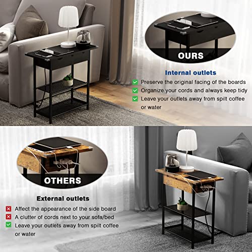 SAUCE ZHAN Sofa Side Table with USB Ports and Outlets, Narrow End Table with Storage Shelf for Small Spaces Bedside Nightstand with Charging Station for Living Room, Bedroom, Black