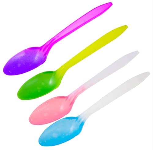 Color Changing Reusable Spoons, Pack of 25, Assorted Colors, reacts to cold food temperatures and changes color -yogurt, ice cream, gelato, cold drinks - PACKED IN USA