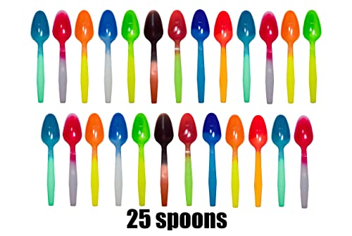 Color Changing Reusable Spoons, Pack of 25, Assorted Colors, reacts to cold food temperatures and changes color -yogurt, ice cream, gelato, cold drinks - PACKED IN USA