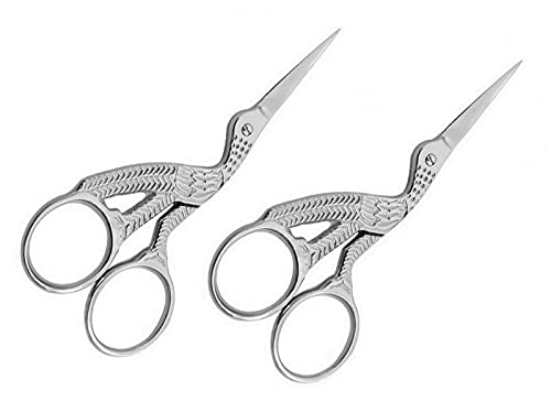 2 Stainless Steel Professional Embroidery Scissors Sharp Stork Scissors for Sewing Crafting Needlework DIY Multipurpose Dressmaker Eyebrow Trim Small 3.6” Shears Crane Scissors