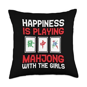 cute chinese game player humor quote lover designs funny gift cool happiness is playing mahjong girls throw pillow, 18x18, multicolor