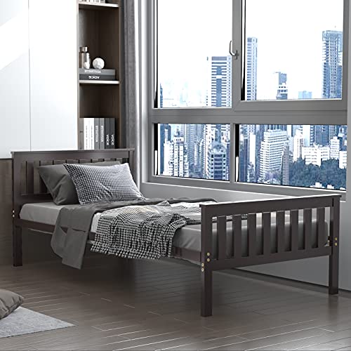 Giantex Twin Bed Frame, Wood Platform Bed with Headboard, 12 Inch Sturdy Bed Base Wood Slat Support Mattress Foundation No Box Spring Needed Easy Assembly