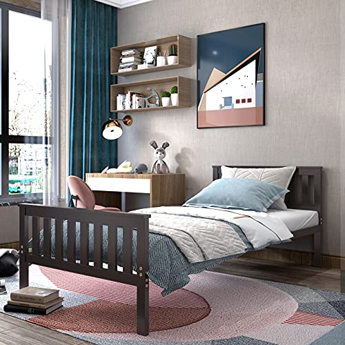 Giantex Twin Bed Frame, Wood Platform Bed with Headboard, 12 Inch Sturdy Bed Base Wood Slat Support Mattress Foundation No Box Spring Needed Easy Assembly