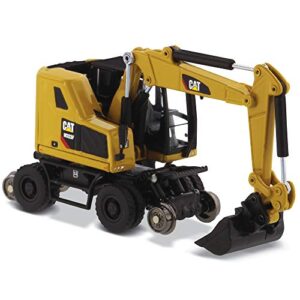 1:87 caterpillar m323f railroad wheeled excavator - cat yellow version - (ho) high line series model by diecast masters - 85656 - with bucket, ballast tamper, and rail clamshell bucket attachments