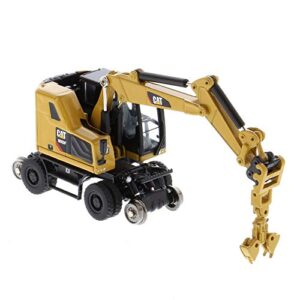 1:87 Caterpillar M323F Railroad Wheeled Excavator - Cat Yellow Version - (HO) High Line Series Model by Diecast Masters - 85656 - with Bucket, Ballast Tamper, and Rail Clamshell Bucket Attachments