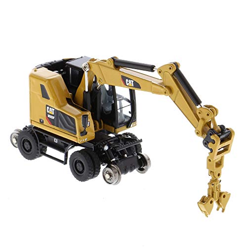 1:87 Caterpillar M323F Railroad Wheeled Excavator - Cat Yellow Version - (HO) High Line Series Model by Diecast Masters - 85656 - with Bucket, Ballast Tamper, and Rail Clamshell Bucket Attachments