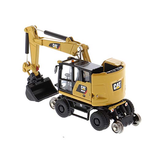 1:87 Caterpillar M323F Railroad Wheeled Excavator - Cat Yellow Version - (HO) High Line Series Model by Diecast Masters - 85656 - with Bucket, Ballast Tamper, and Rail Clamshell Bucket Attachments