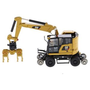 1:87 Caterpillar M323F Railroad Wheeled Excavator - Cat Yellow Version - (HO) High Line Series Model by Diecast Masters - 85656 - with Bucket, Ballast Tamper, and Rail Clamshell Bucket Attachments