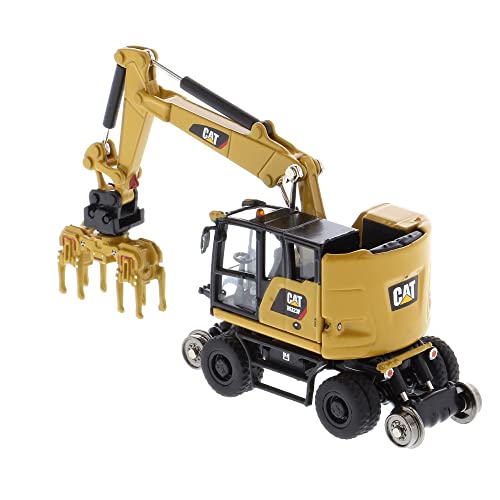 1:87 Caterpillar M323F Railroad Wheeled Excavator - Cat Yellow Version - (HO) High Line Series Model by Diecast Masters - 85656 - with Bucket, Ballast Tamper, and Rail Clamshell Bucket Attachments